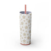 Printify eco-friendly skinny tumbler with beige star pattern and pink straw on white background