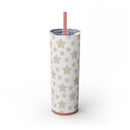 Printify eco-friendly skinny tumbler with beige star pattern and pink straw on white background