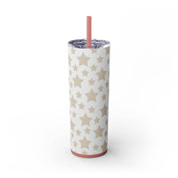 Printify eco-friendly skinny tumbler with beige star pattern and pink straw on white background