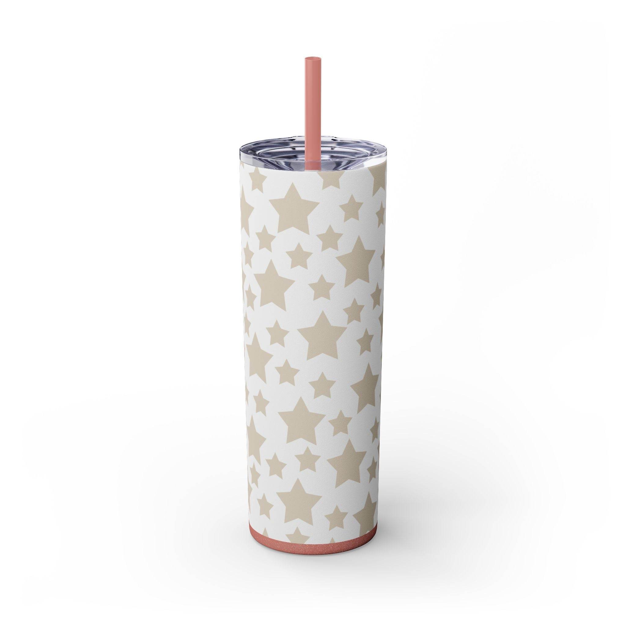 Printify eco-friendly skinny tumbler with beige star pattern and pink straw on white background