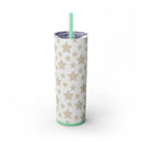 Printify eco-friendly skinny tumbler with beige star pattern and green straw on white background