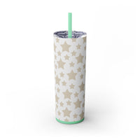Printify eco-friendly skinny tumbler with beige star pattern and green straw on white background
