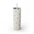 Printify eco-friendly skinny tumbler with beige star pattern and mint green straw on white background