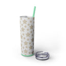 Printify eco-friendly skinny tumbler with beige star pattern and removable lid with green straw