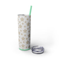 Printify eco-friendly skinny tumbler with beige star pattern and removable lid with green straw