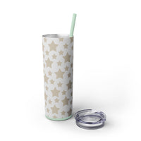 Printify eco-friendly skinny tumbler with beige star pattern, clear lid, and green reusable straw