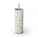 Printify eco-friendly skinny tumbler with beige stars design and green lid with straw