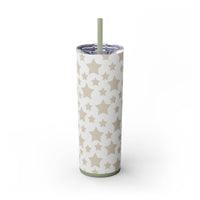 Printify eco-friendly skinny tumbler with beige stars design and green lid with straw