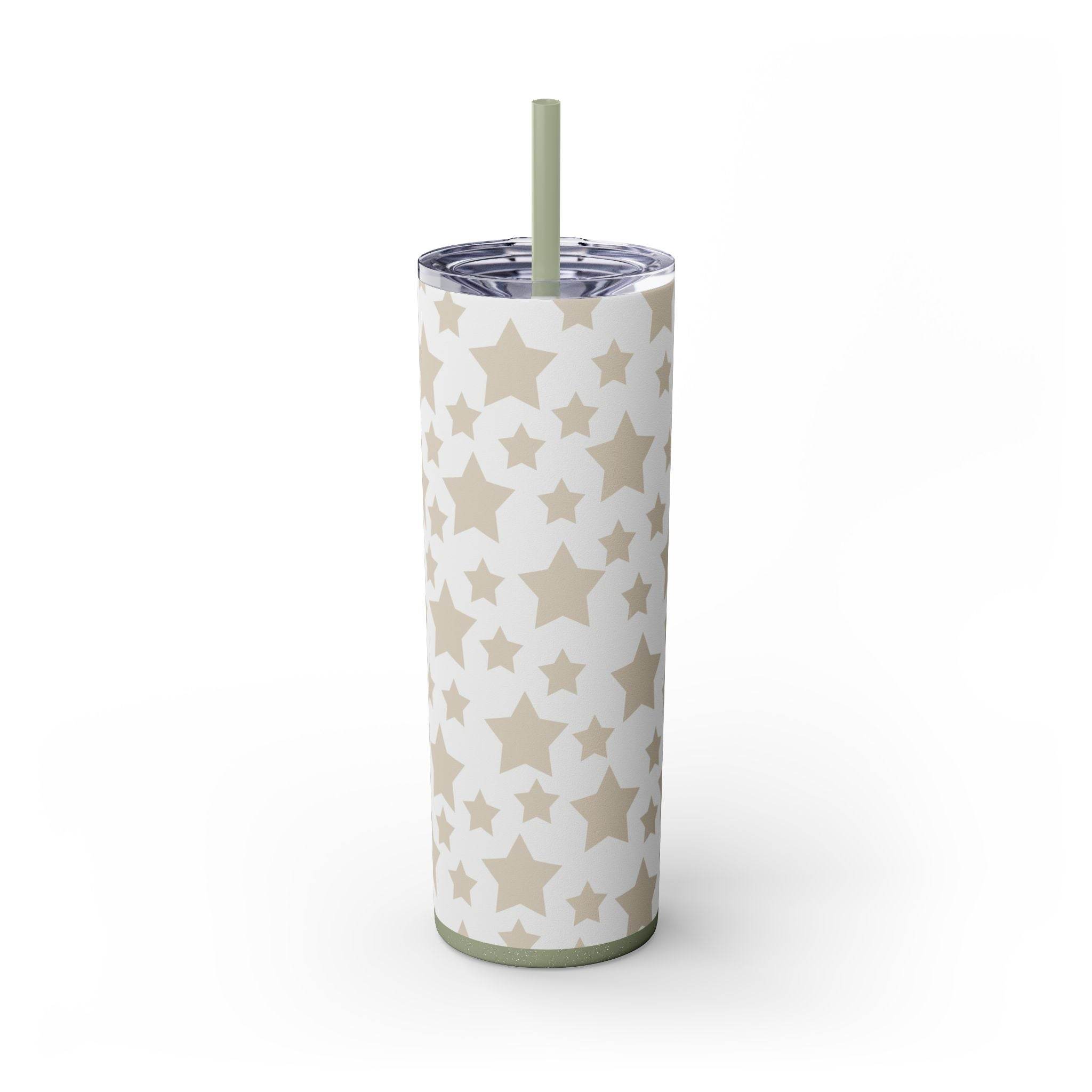 Printify eco-friendly skinny tumbler with beige stars design and green lid with straw