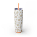 Printify eco-friendly skinny tumbler with beige star pattern and peach-colored straw and base