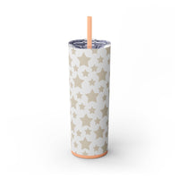 Printify eco-friendly skinny tumbler with beige star pattern and peach-colored straw and base