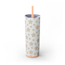Printify eco-friendly skinny tumbler with beige star pattern and matching straw on white background