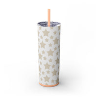Printify eco-friendly skinny tumbler with beige star pattern and matching straw on white background