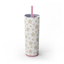 Printify eco-friendly skinny tumbler with beige star pattern and pink lid with straw