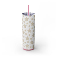 Printify eco-friendly skinny tumbler with beige star pattern and pink lid with straw