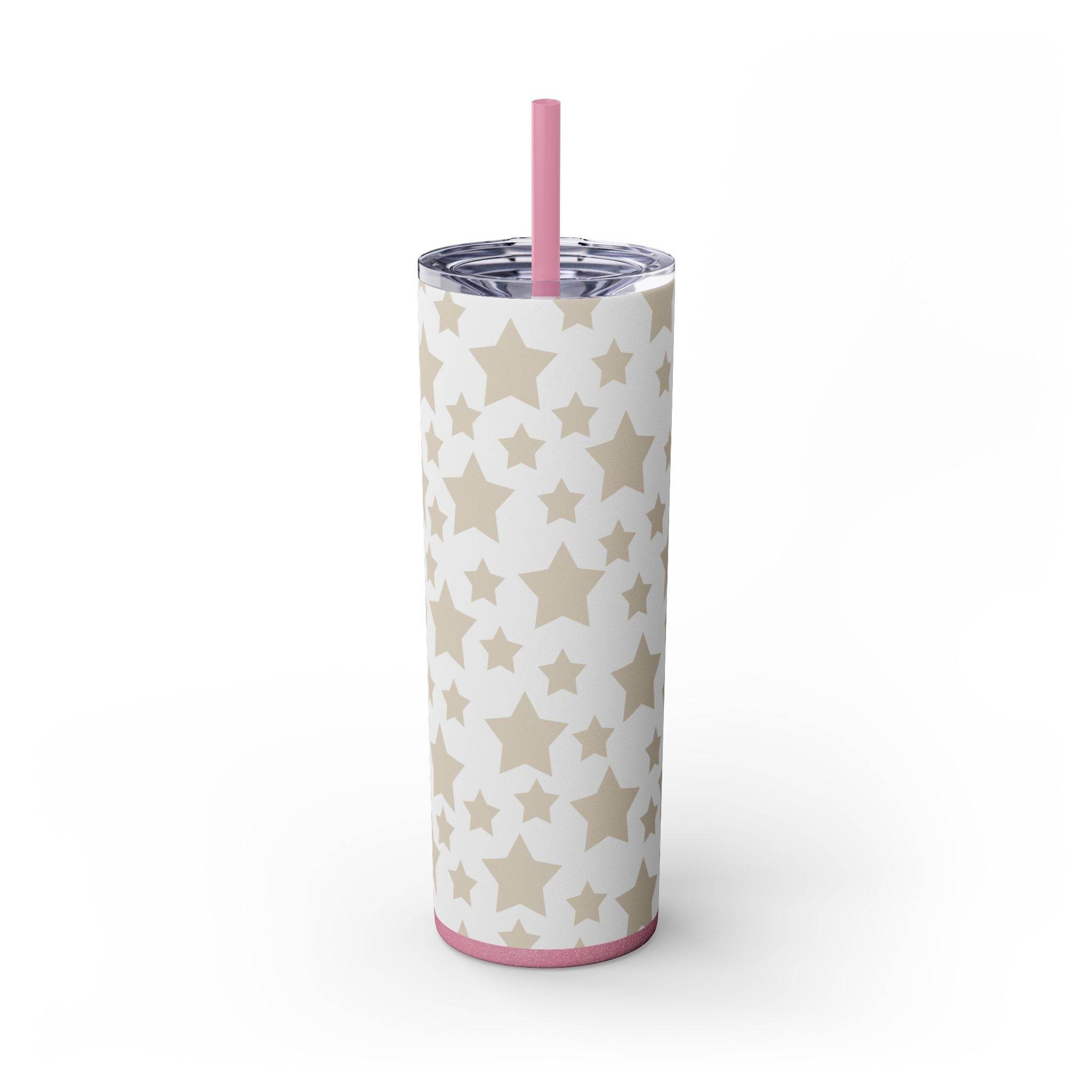Printify eco-friendly skinny tumbler with beige star pattern and pink lid with straw