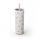 Printify eco-friendly skinny tumbler with beige star pattern and pink lid and straw