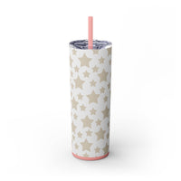 Printify eco-friendly skinny tumbler with beige star pattern and pink lid and straw
