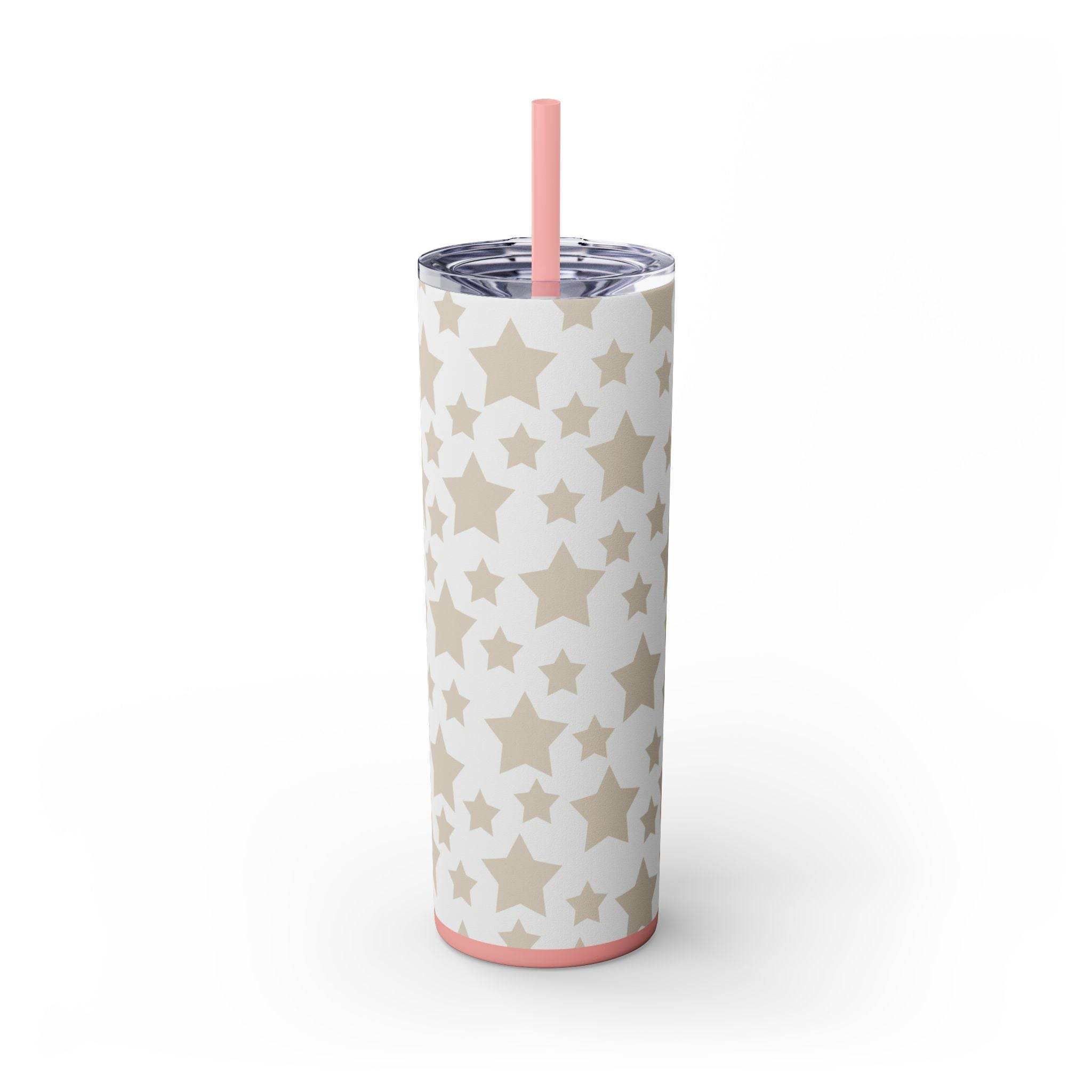 Printify eco-friendly skinny tumbler with beige star pattern and pink lid and straw