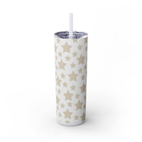 Printify eco-friendly skinny tumbler with beige star pattern and clear lid with straw