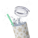 Printify eco-friendly skinny tumbler with star pattern, clear lid, and splash of water with green straw