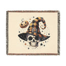 Printify eco-friendly skull blanket with a skull wearing a checkered witch hat and a floating pumpkin design