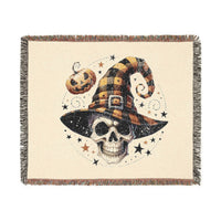 Printify eco-friendly skull blanket with a skull wearing a checkered witch hat and a floating pumpkin design
