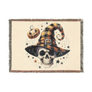 Eco-friendly skull blanket with Halloween witch hat and pumpkin design by Printify