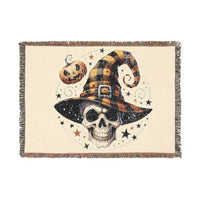 Eco-friendly skull blanket with Halloween witch hat and pumpkin design by Printify