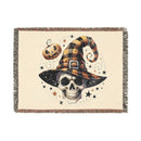 Printify eco-friendly skull blanket featuring a skull with a plaid witch hat and small pumpkin design