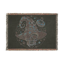 Printify eco-friendly skull blanket featuring a spooky skull with a witch hat and pumpkin design