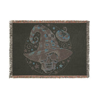 Printify eco-friendly skull blanket featuring a spooky skull with a witch hat and pumpkin design