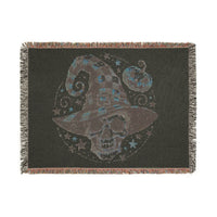 Printify eco-friendly skull blanket with a witch hat and pumpkin design on dark fabric