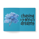 Printify eco-friendly softcover journal with blue cover featuring a tree and chasing my dreams text