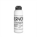 Printify eco-friendly stainless steel water bottle with white body and black lid featuring stylish text design
