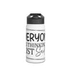 Printify eco-friendly stainless steel water bottle with black lid and white body featuring bold text design