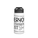 Printify eco-friendly stainless steel water bottle with black lid and white body featuring bold text design