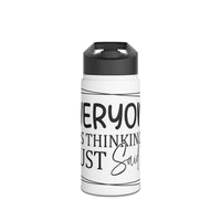 Printify eco-friendly stainless steel water bottle with black lid and white body featuring bold text design