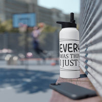 Printify eco-friendly stainless steel water bottle with black lid on outdoor bench near basketball court