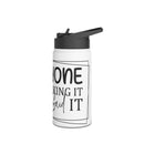Printify eco-friendly stainless steel water bottle with black lid and motivational text design