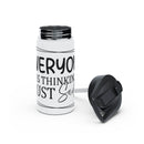 Printify eco-friendly stainless steel water bottle with white body and black removable lid