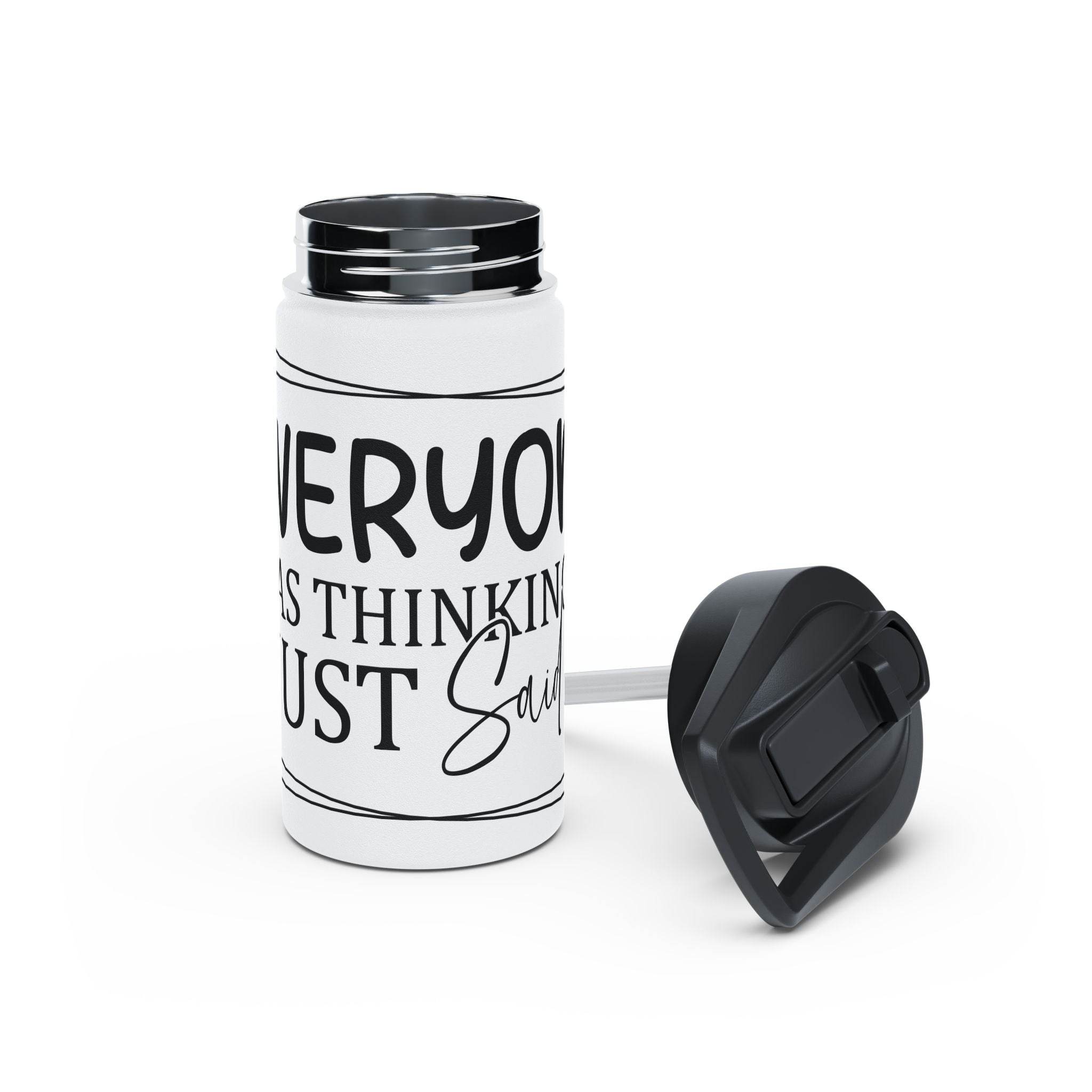 Printify eco-friendly stainless steel water bottle with white body and black removable lid