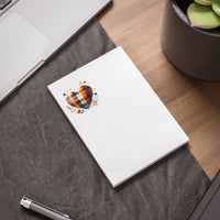 Printify eco-friendly sticky notes with plaid heart design on white paper placed on desk near laptop and plant