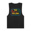 Black Printify eco-friendly tank top with colorful The Beach Is Calling graphic design