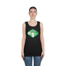 Black eco-friendly tank top with green Think Green graphic worn by female model