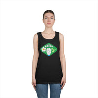 Black eco-friendly tank top with green Think Green graphic worn by female model