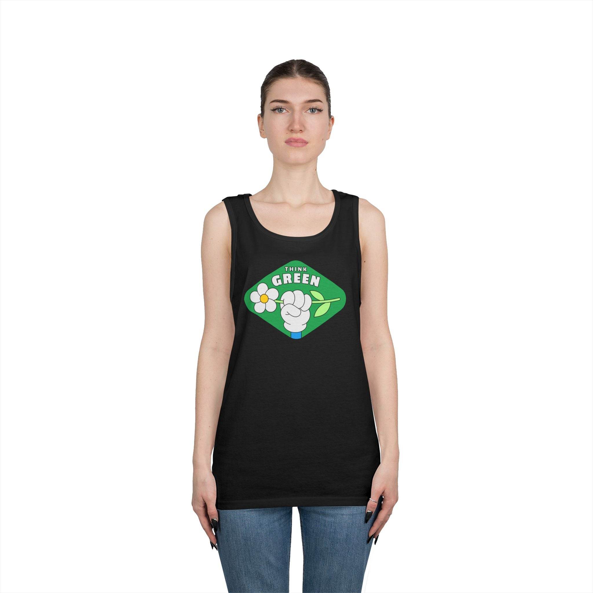 Black eco-friendly tank top with green Think Green graphic worn by female model