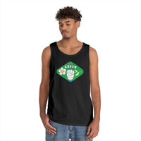 Printify black eco-friendly tank top with green think green graphic worn by man with curly hair
