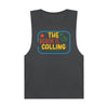 Printify eco-friendly tank top in dark gray with colorful The Beach Is Calling graphic design