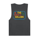 Printify eco-friendly tank top in dark gray with colorful The Beach Is Calling graphic design